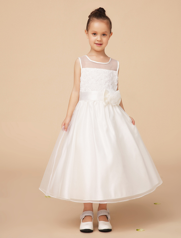 Ivory Jewel Neck A-line Bow Satin Princess Wedding Flower Girl Dress ...