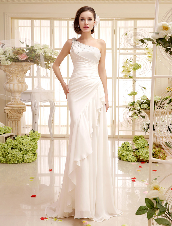 Mariage Robes de mariée | Robe de mariée blanche en chiffon une épaule longueur au sol robe de mariage - WN49567
