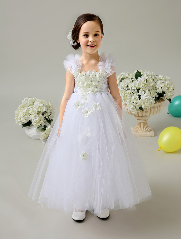 Cute White Bateau Neck Tiered Tulle Flower Girl Dress - Milanoo.com