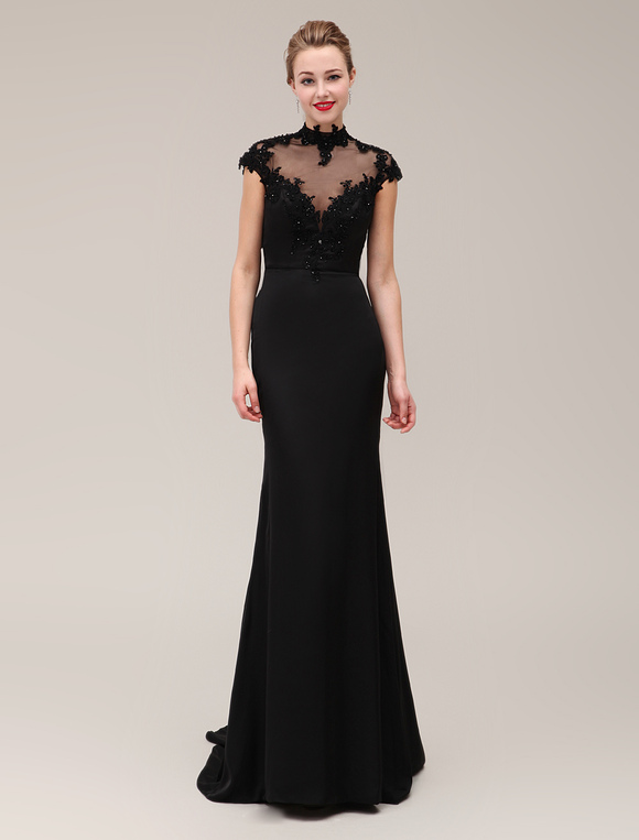 Boda Vestidos de Fiesta | Vestido negro de noche con manga corta y escote alto Vestidos de boda para huéspedes Milanoo - VR85593