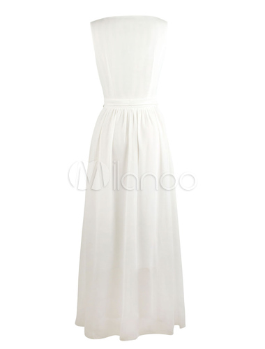 Sweet Ecru White V-Neck Pleated Sleeveless Woman's Chiffon Maxi Dress ...