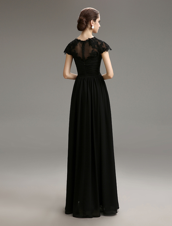 Black Jewel Neck Chiffon Evening Dress with Sheer Lace Milanoo ...