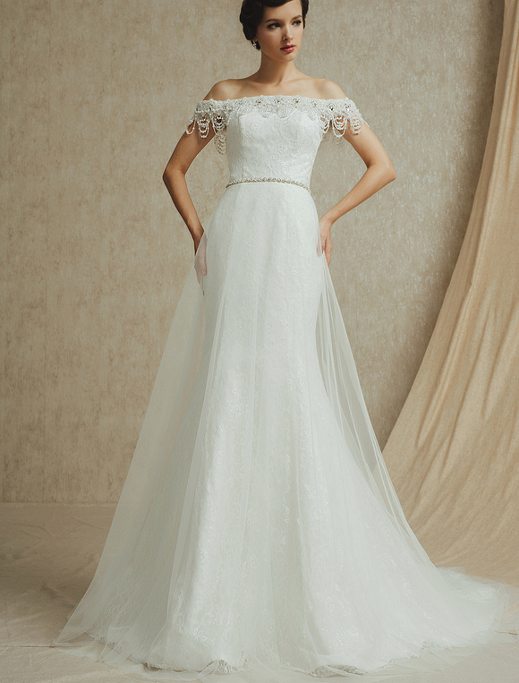 Ivory Off-The-Shoulder Lace Wedding Dress with Sash ( Veil ...