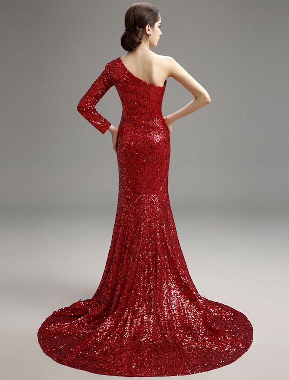 Red Mermaid Sequined Mother of the Bride Dress with One-Shoulder ...