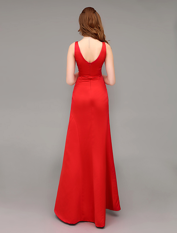 Red Satin V-neck Long Evening Dress With Open Back - Milanoo.com