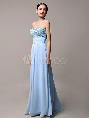 Long Blue Strapless Beading Pleated Prom Dress With Open Back - Milanoo.com
