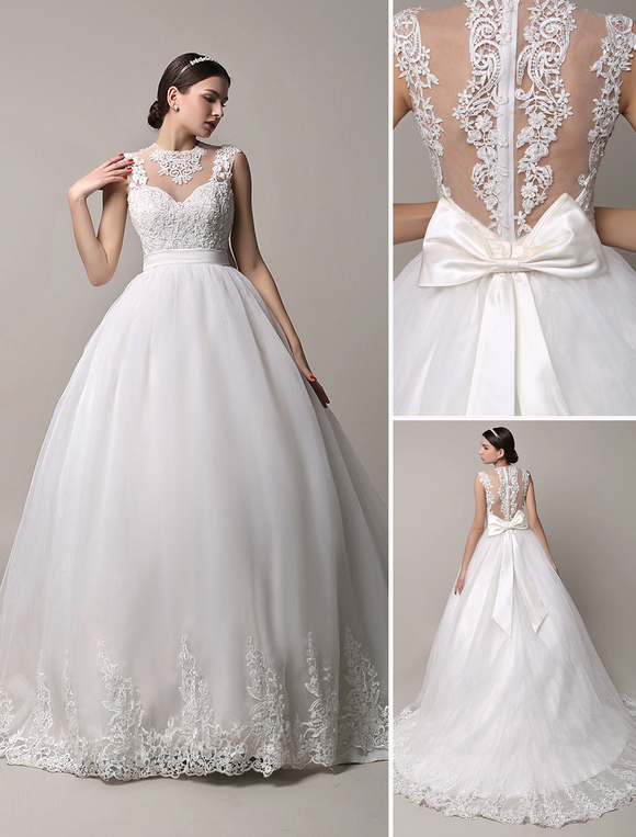 Boda Vestidos de novia | Vestido de novia con escote redondo y faja Milanoo - SQ47307