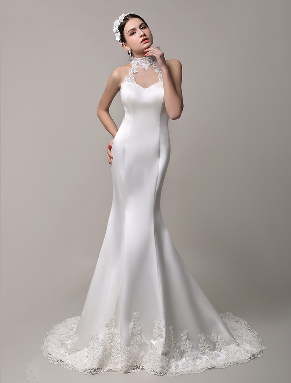 Stunning High Neck Mermaid Style Bridal Gown with Sheer Lace Back ...