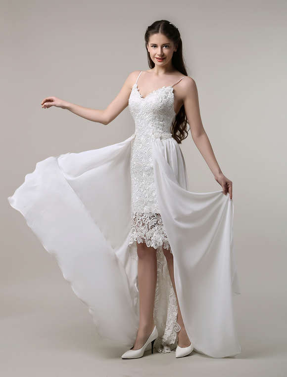 Boho Wedding Dress Sexy Lace Spaghetti Strap Backless High Low Bohemian Milanoo