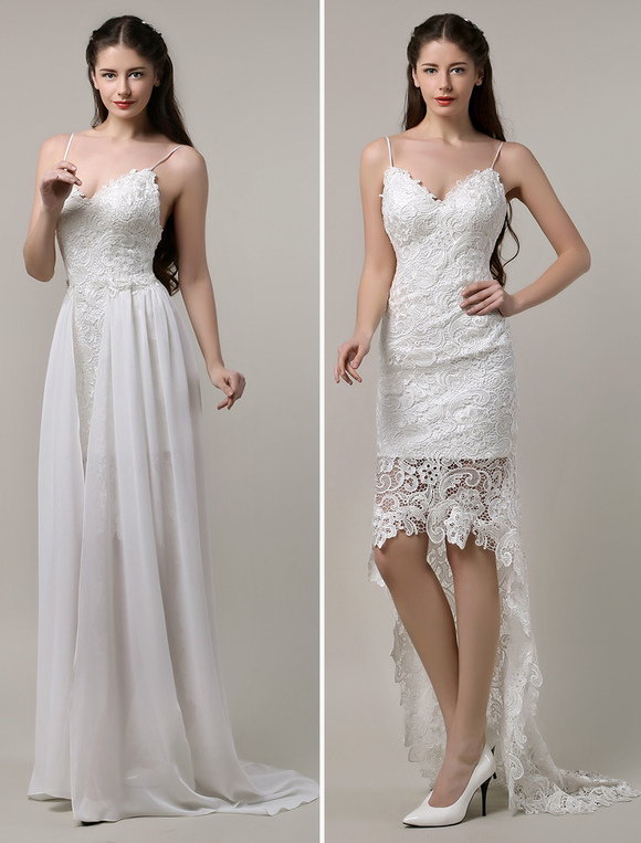 Boho Wedding Dress Sexy Lace Spaghetti Strap Backless High Low Bohemian 6337