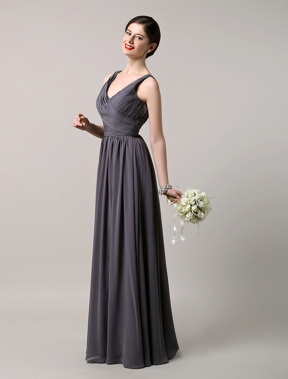 Chiffon Floor Length V-neck Bridesmaid Dress - Milanoo.com