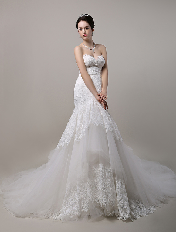 Mermaid Sweetheart Cathedral Train Lace Tulle Wedding Dress With Corset ...