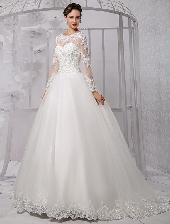 Wedding Dresses Ball Gown Long Sleeves Bridal Dress Lace Beading V Back ...