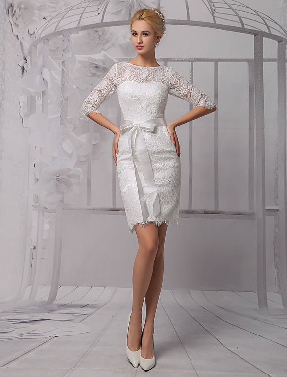 Boda Vestidos de novia | Vestido de novia de encaje con escote redondo y lazo hasta la rodillaMilanoo - WK45840