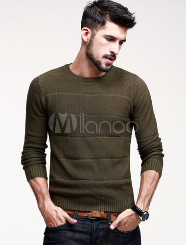 Crewneck Long Sleeves Knitted Cotton Blend Solid Men's Pullover ...