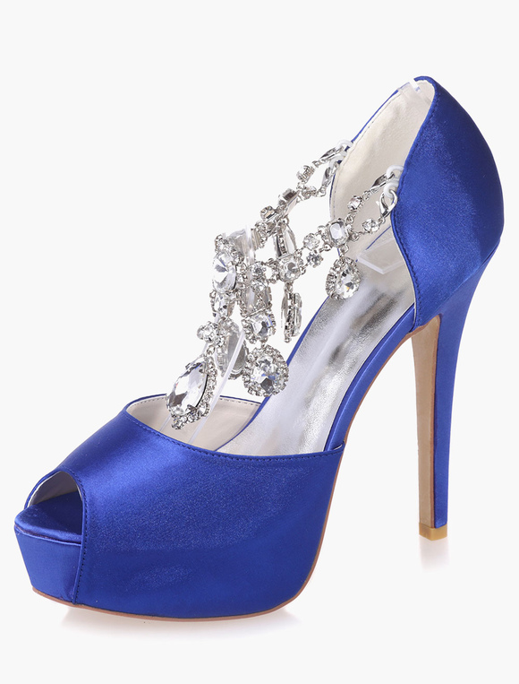 Zapatos de Fiesta | Zapatos de novia de satén 12.5cm Zapatos de Fiesta Zapatos azulde tacón de stiletto Zapatos de boda de punter Peep Toe con pedrería 3cm - IE61069