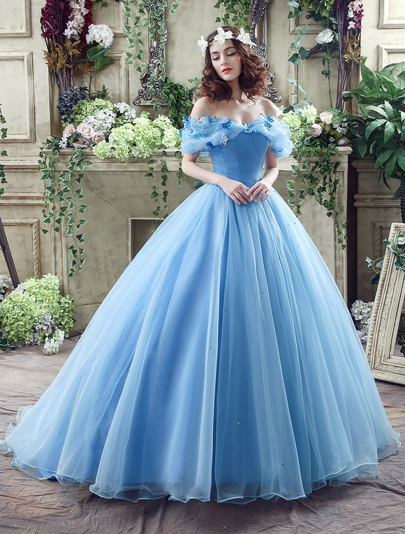 Cinderella Dress Blue Organza Tulle Off The Shoulder Ball Gown Dress With Chapel Train 