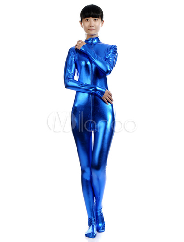 全身タイツ ロイヤルブルー シャイニーメタリック ジッパー 女性用 ハロウィン コスチューム コスプレ Milanoo Jp