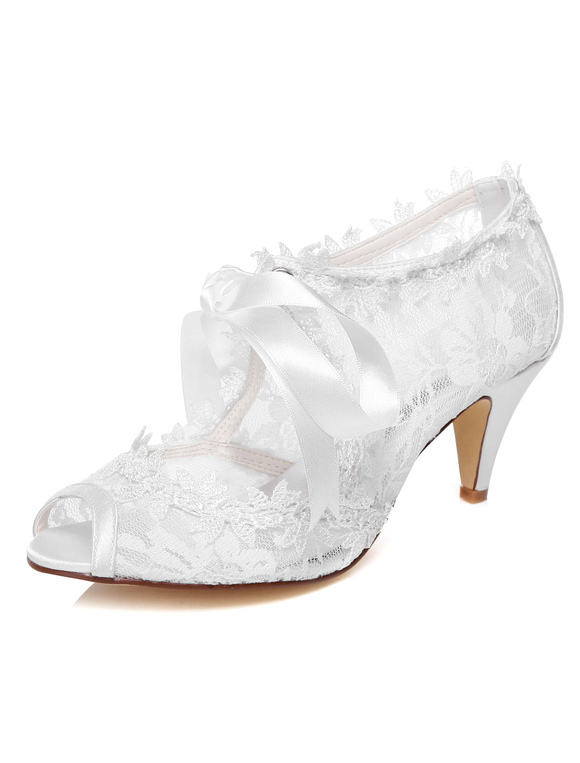 Chaussures Chaussures de Circonstance | Chaussures de mariée à talons en dentelle blanc avec ruban Mary Janes - GG13516
