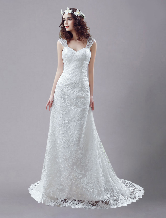 Boda Vestidos de novia | Blanco vestido de novia con escote de hombros caídos y capas - EX85717