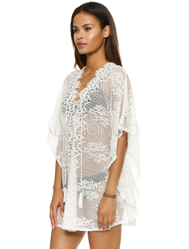 White Cover Up Split Low-Cut Lace Semi-Sheer Cover Up For Women ...