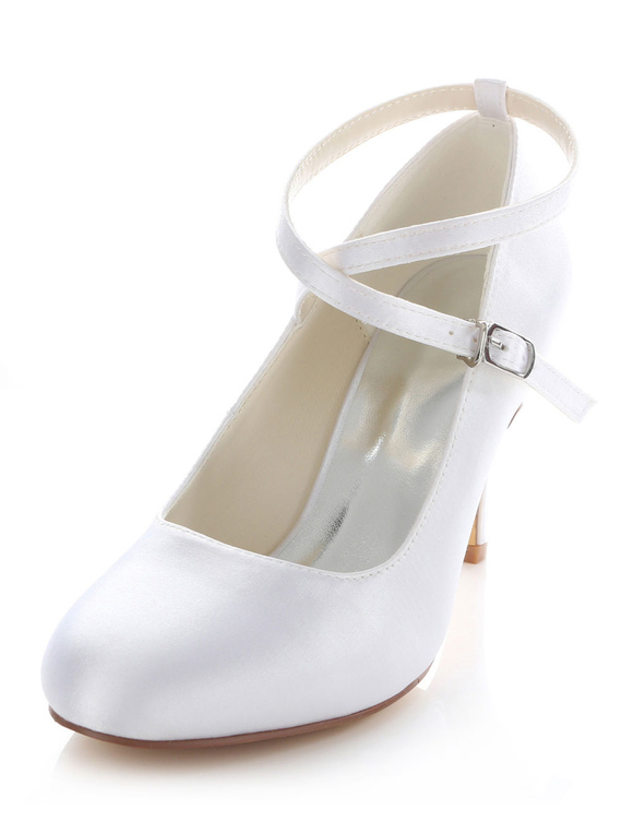 Zapatos de Fiesta | Zapatos de novia de satén Zapatos de Fiesta de tacón de stiletto Zapatos blancoZapatos de boda de puntera redonda 8cm - MF38845