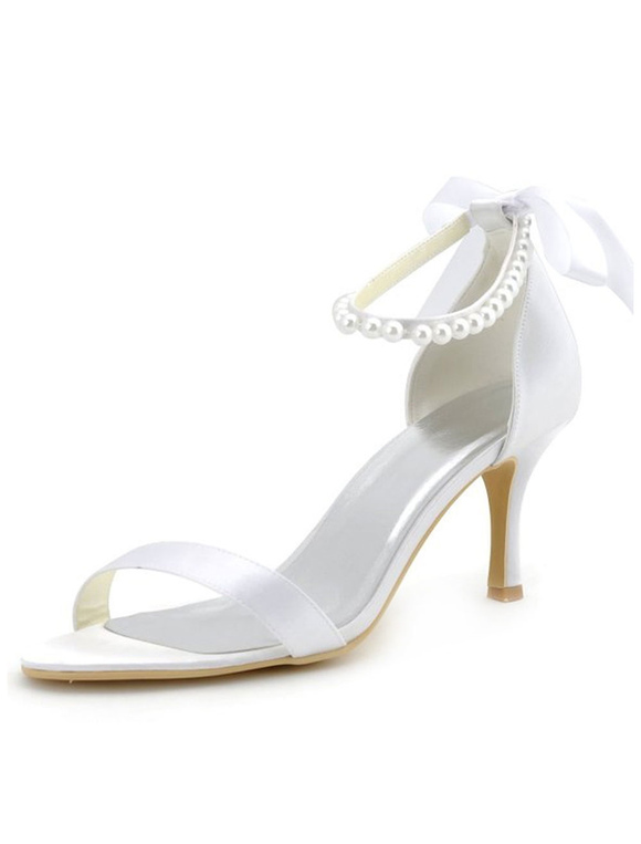Zapatos de Fiesta | Zapatos de novia de satén 8cm Zapatos de Fiesta Zapatos blancode tacón de stiletto Zapatos de boda de puntera abierta con perlas - KN22592