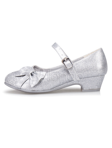 Silver Flower Girl Shoes Bow Straps 