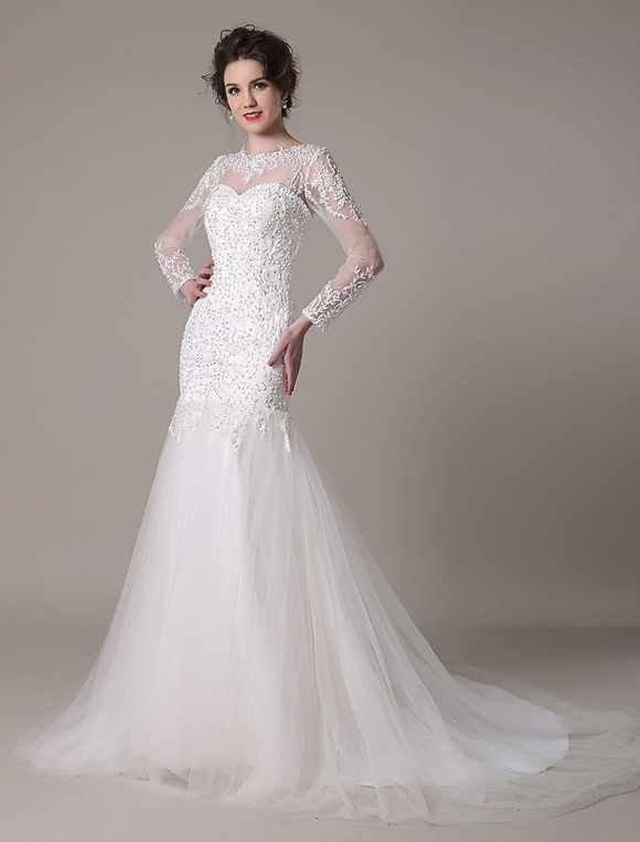 Sequined Wedding Dress Detachable Neckline Lace Applique Mermaid Court ...