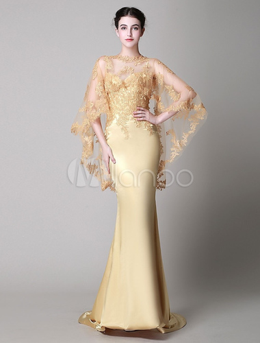 Champagne Backless Evening Dress Detachabel Cape Mermaid 