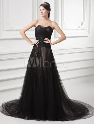 Black Wedding Dress Lace Beading Court Train Sweetheart Evening Dress ...