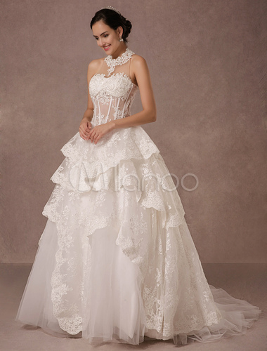Illusion Neckline Lace Ball Gown Wedding Dress Milanoo Milanoo Com