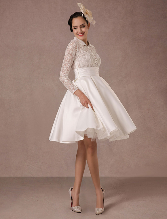 Vintage Wedding Dress Long Lace Sleeves Satin Bridal Gown Short Knee ...