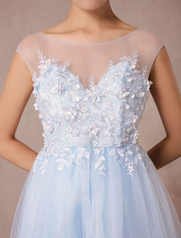Blue Lace Wedding Dress Court Train Illusion Bridal Gown Applique 3D ...