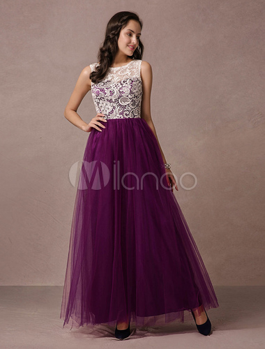 Lace Prom Dress Maxi Plum Tulle Dress Backless Ankle Length Homecoming ...