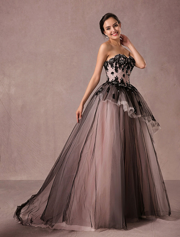 Black Wedding Dress Lace Tulle Chapel Train Bridal Gown Strapless ...