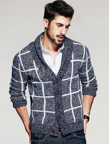 Men's Cotton Sweater Checker Long Sleeve Button Open Front V Neck ...
