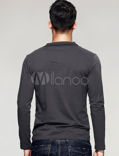 Gray T Shirt Long Sleeve Men's Button Cotton Top - Milanoo.com