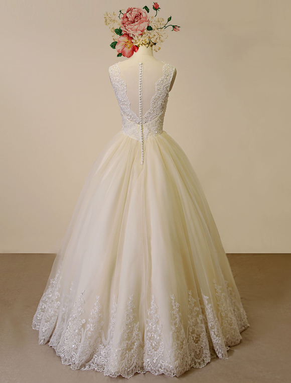 champagne-wedding-dress-lace-applique-tulle-bridal-gown-floor-length-plunging-a-line-beading