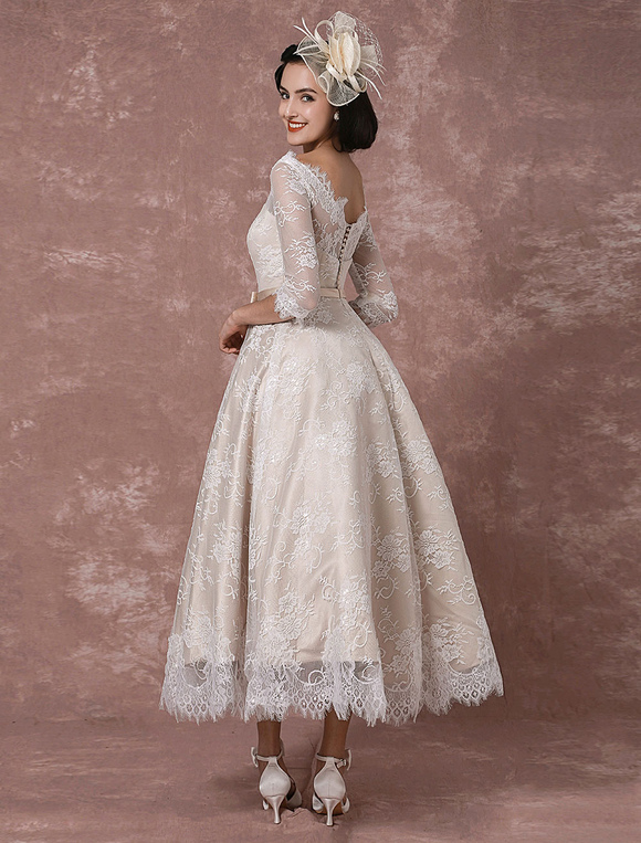 Lace Wedding  Dress  Vintage  Bateau Champagne Half Sleeves 