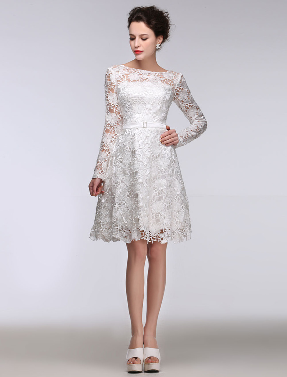 Boda Vestidos de novia | Summer Wedding Dresses 2022 corto de encaje una línea de manga larga Bateau vestido de novia blanco Sash rodilla vestido de novia de longitud - SG30825