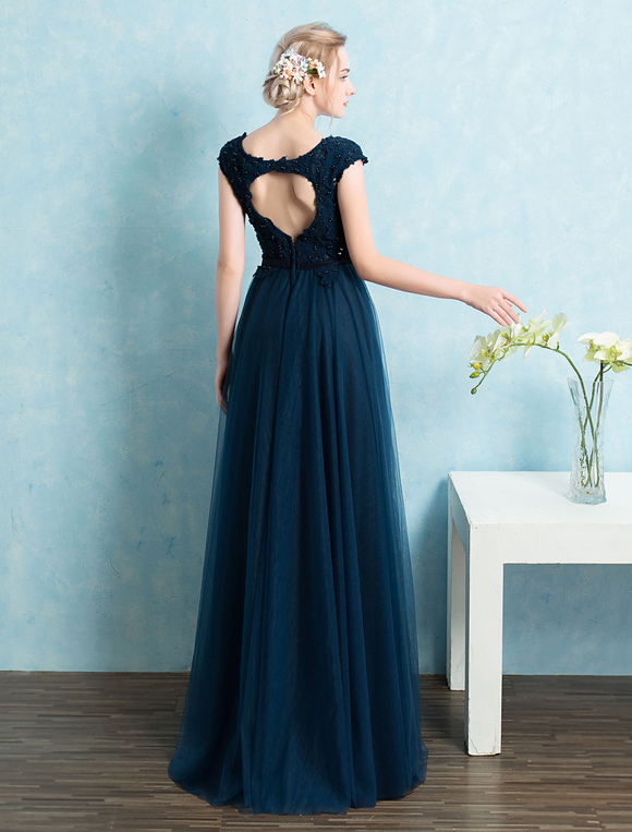 Blue Prom Dress 2020 Long Tulle Beading Evening Dresses Dark Navy ...