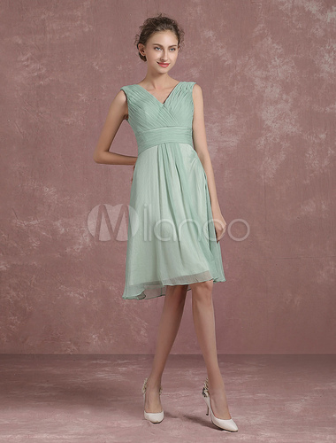 Sage Green Bridesmaid Dress Knee Length Pleated Homecoming Dress V Neck ...