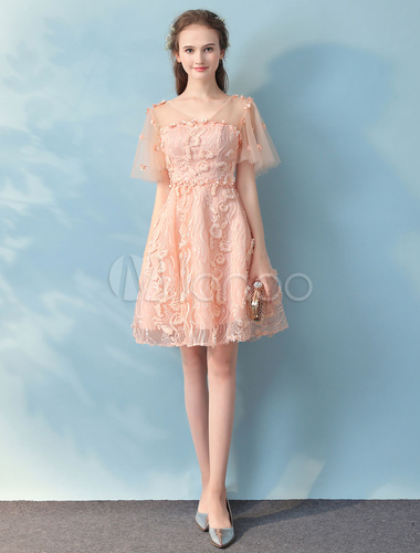 Peach Homecoming Dress Lace Short Prom Dresses V Neck Butterfly Sleeve ...