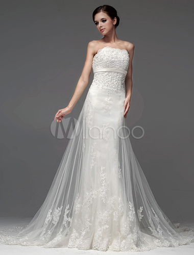 Wedding Dresses Strapless Lace Applique Bridal Dress Sheath Beading ...