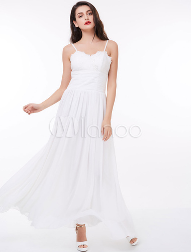 White Prom Dresses  Chiffon Spaghetti Straps Lace Pleated 