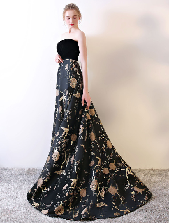 Vintage Black Floral Strapless Design Elegant Sheath Satin Long Evening Dress Prom Dresses DP6210
