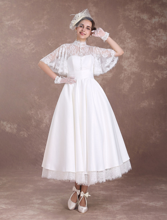 Boda Vestidos de novia | Vestido de novia retro con 1/2 manga hasta la pantorrilla Botones de línea A Jardín - XM96269