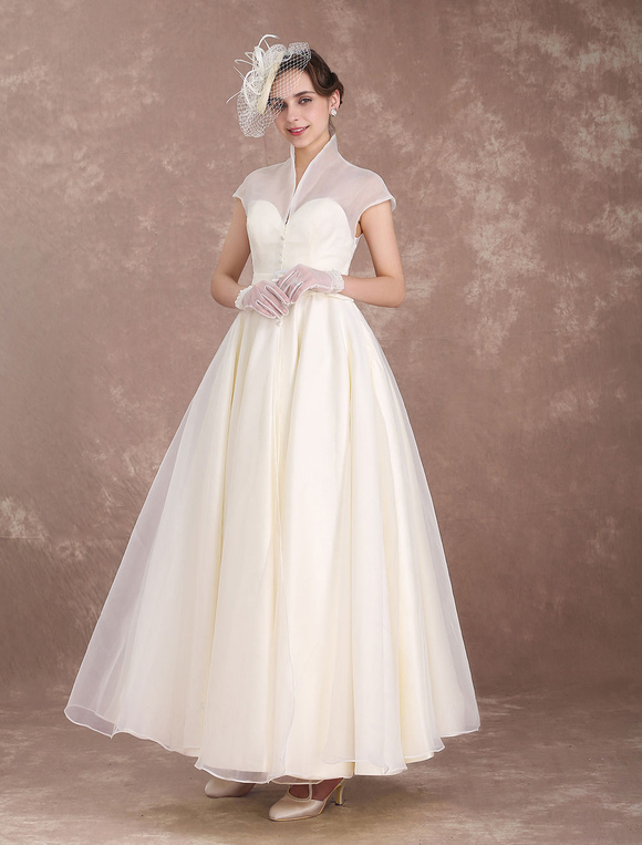 Vintage Wedding Dress Ivory Short Bridal Dress Detachable Sash Organza High Collar Satin V Neck Illusion 1950 S Ankle Length Bridal Gown Milanoo Milanoo Com