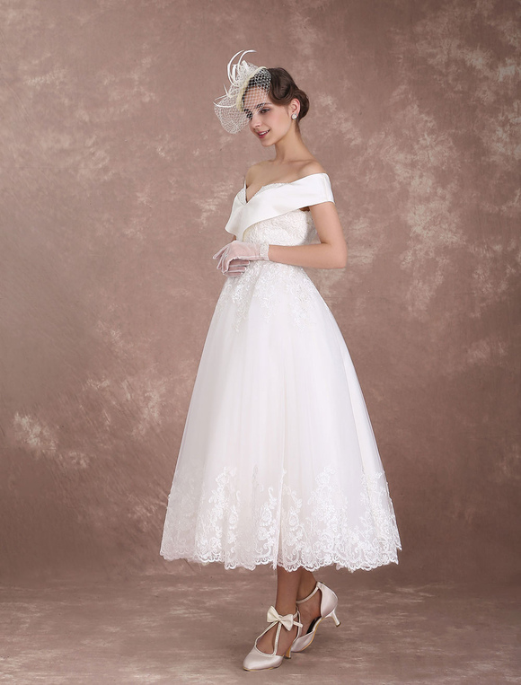 Vintage Wedding Dresses Off The Shoulder Short Bridal Dress 1950 Lace ...